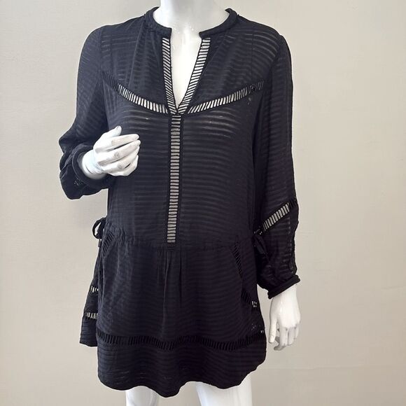IRO Paris Silk Black Eyelet Long Sleeve Semi Sheer Mini Dress w Drawstring Waist - Picture 1 of 9